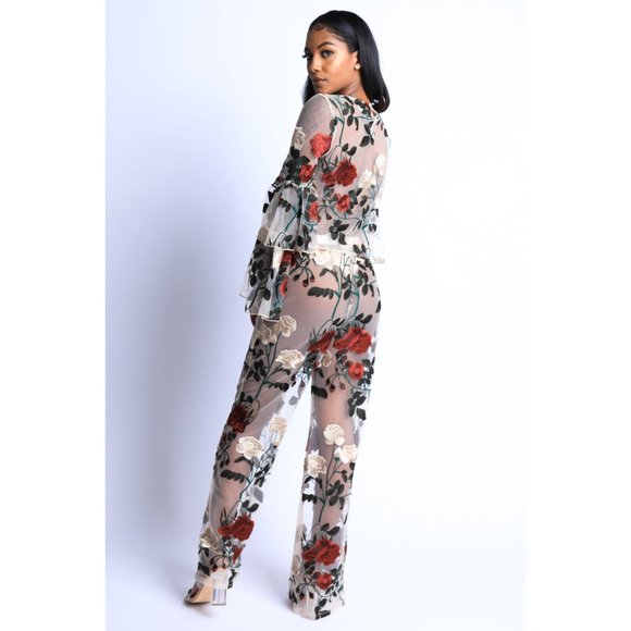 Women's Rose embroidered Outfit Casual Set Flared Long Sleeve 2 Piece Set - Picture 10 of 12